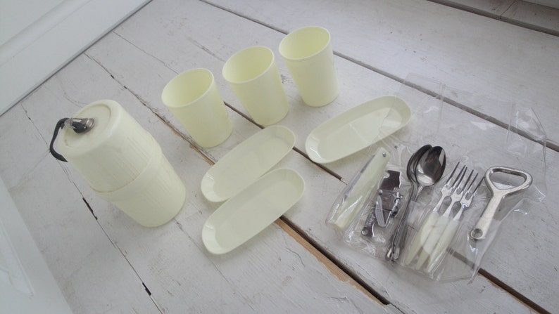 Vintage Plastic Picnic Set Japan Cups Plates Silverware image 1