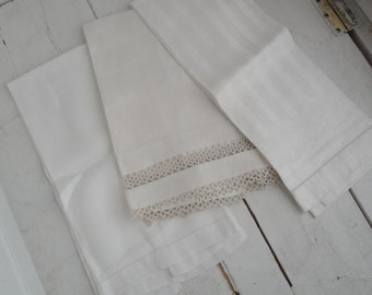 Vintage Hand Towels White Linen Set of 3