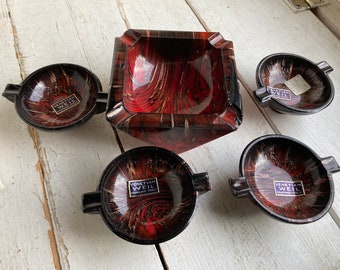 Vintage Red Black Weil Murano Ashtray Heavy Individual set of 4 plus Large