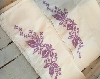 Vintage Cross Stitch Pillowcase Purple Handmade