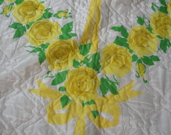 1960s Vintage Bedspread King Satiny Shiny Roses Yellow