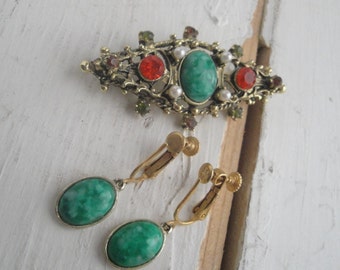 Vintage Pin and Earring Set Gold Green