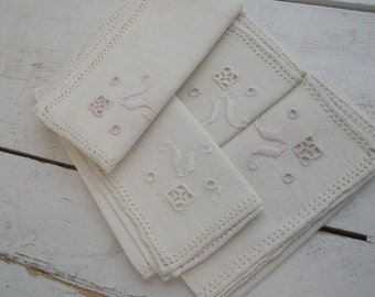 Vintage Linen Napkins Embroider Cut Out Beige Set of 4