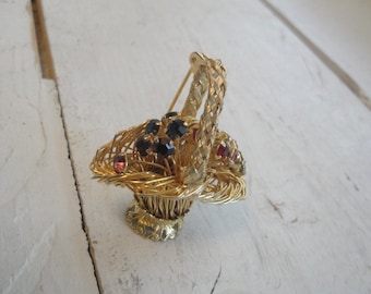 Vintage Flower Basket Brooch Pin Gold Tone Rhinestones