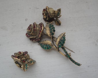 Vintage Red Rose Brooch Earring Set Rhinestone