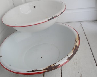 Vintage Enamel Dish Red White Bowl Pan Set of 2