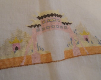 Vintage Table Runner Cross Stitch Linen Eastern Chinese