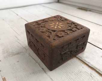 Vintage Carved Wood Box Square India  Inlay