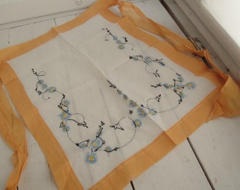 Vintage Yellow Blue Linen Apron Handmade Embroidered
