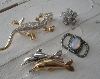 Vintage Rhinestone Opal Pins lot of 4 Dolphin Lizard