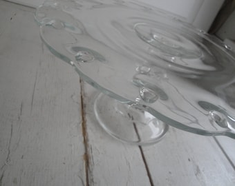 Vintage Cake Plate Stand Clear Glass Scalloped Edges
