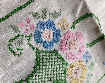 Vintage Table Runner Cross Stitch Linen Basket of Flowers Pastel