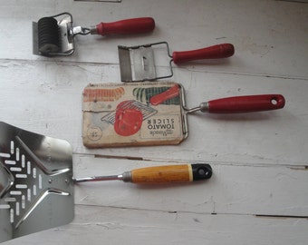 Vintage Kitchen Gadgets Grater Tomato Slicer Red Wood Handles