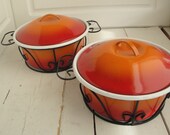 Vintage Enamel Fire Pots Carriers Red Orange White Set of 2