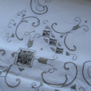 Vintage Table Cloth White Gray Cut Out Square 55 X 52