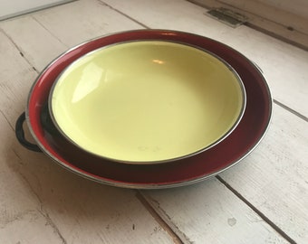 Vintage Enamel Wok Yellow Red Paella Set of 2