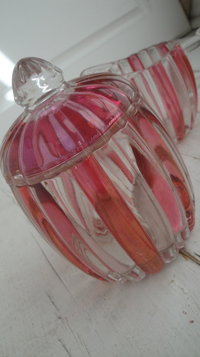 Vintage Ruby Red Clear Glass Cream Sugar Condiment Set Etsy