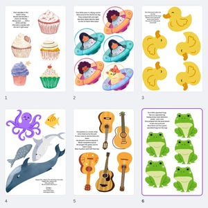 Può includere: Un foglio di lavoro stampabile con sei diverse attività di conteggio per bambini. Ogni pagina presenta un'illustrazione colorata e una filastrocca di conteggio. Le attività includono il conteggio di cupcake, astronauti in dischi volanti, anatre, rane, chitarre e un polpo.