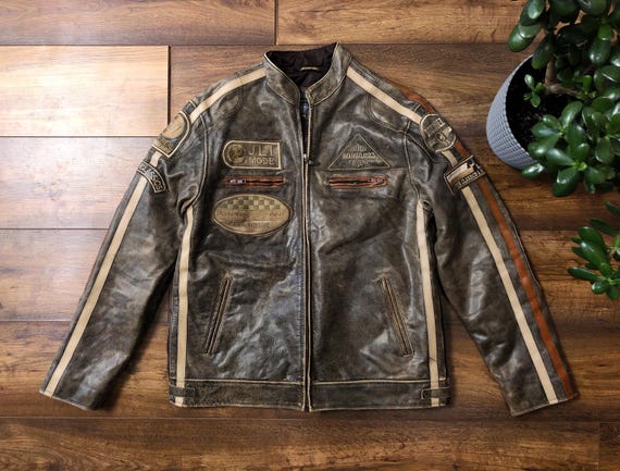Vintage Aviatrix Leather Racing Jacket, Distressed Brown Real Cowhide Biker Jacket, Cafe Racer Moto Jacket with Patches, Men's Size XL