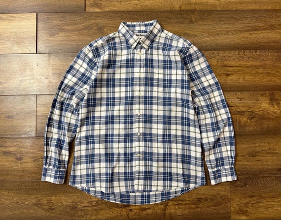 Barbour Thorpe Tailored Fit Linen Blend Blue Plaid Button Shirt Mens XL