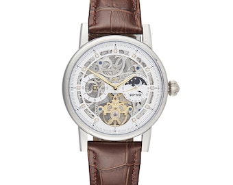 Orologio automatico scheletrato di lusso / Orologio meccanico steampunk da uomo / Tourbillon con ingranaggi in oro / Cinturino in pelle marrone / Regalo per lui