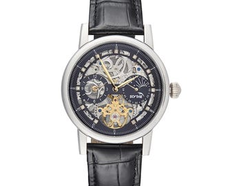 Luxe skelethorloge automatisch horloge | Mechanisch steampunk-uurwerk voor heren | Gouden tandwiel-tourbillon | Zwarte leren band | Cadeau voor hem