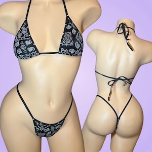 Black Paisley Stripper Outfit | Thong Bikini Exotic Dancewear  | extreme micro string bikini