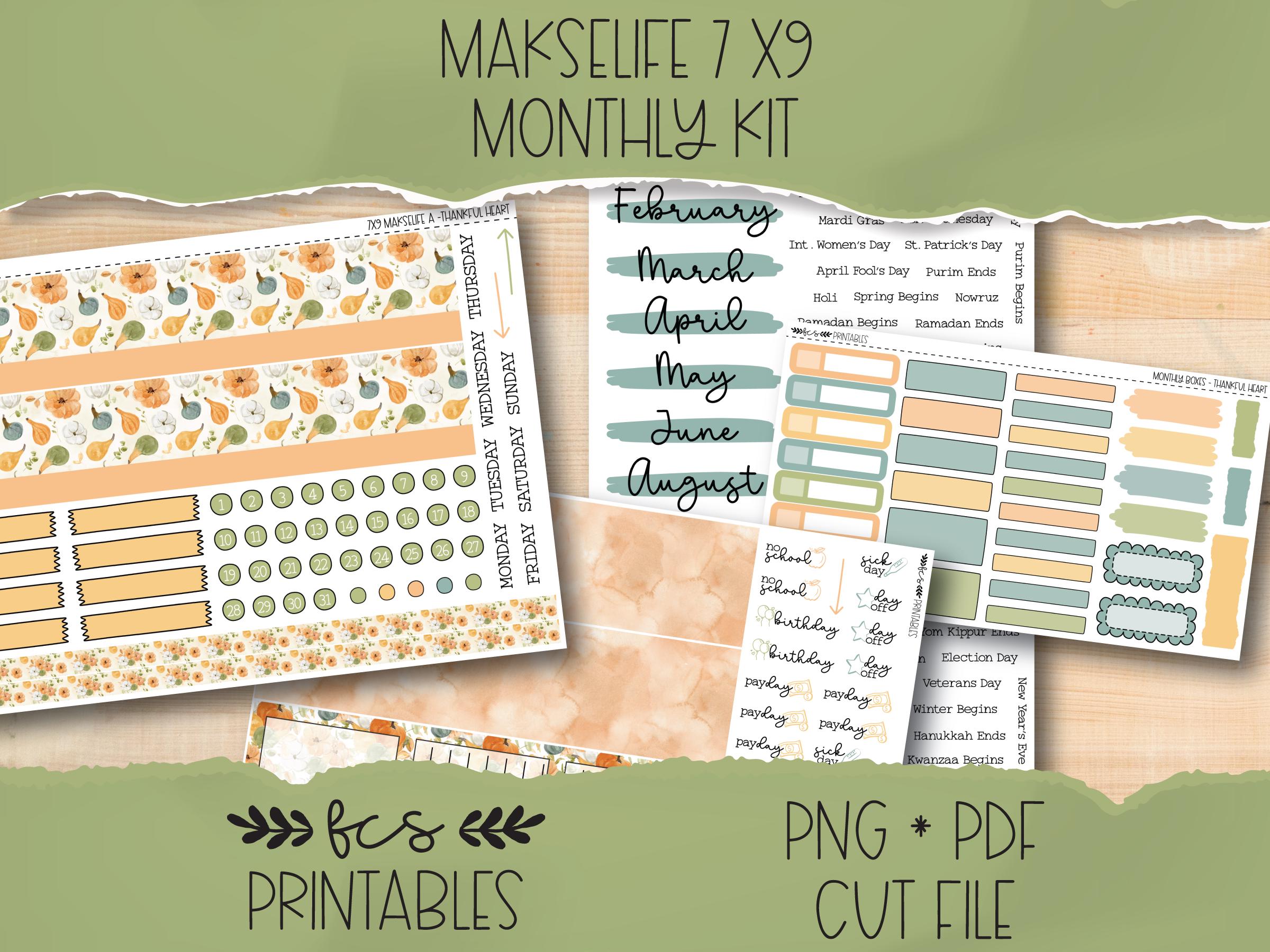 THANKFUL HEART MakseLife 7x9 printable monthly sticker kit