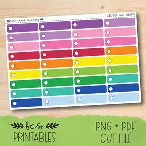 May include: A sheet of rainbow-colored planner stickers with rectangular labels and small white circles. The stickers are labeled "CHECKBOX LABELS - RAINBOW" and "born creek stickers". The bottom of the sheet reads "fcs PRINTABLES" and "PNG * PDF CUT FILE".