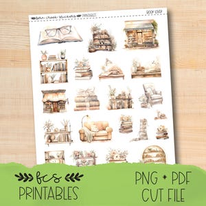 May include: A sheet of watercolor stickers featuring various book-themed illustrations. The designs include open books, bookshelves, stacks of books, and cozy reading nooks. The sheet also includes the text "fcs printables" and "PNG * PDF CUT FILE".