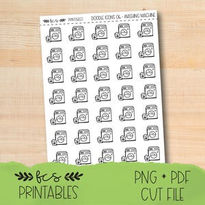 May include: A sheet of white stickers featuring black and white doodle illustrations of washing machines and laundry baskets. The text "DOODLE ICONS 06 - WASHING MACHINE" is at the top. The bottom of the sheet has the text "fcs PRINTABLES" and "PNG * PDF CUT FILE".
