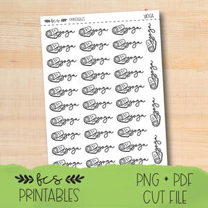 May include: A sheet of yoga-themed stickers with a repeating pattern of yoga mats and the word "yoga" in a handwritten font. The stickers are black and white, with the text "fcs PRINTABLES" at the bottom.