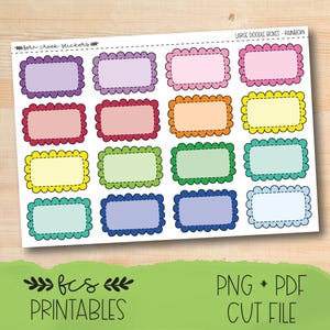 May include: A sheet of colorful stickers with scalloped edges. Each sticker has a rectangular shape with a different pastel color, including purple, pink, orange, yellow, green, and blue. The text "fcs printables" and "PNG * PDF CUT FILE" are visible.