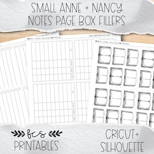 Può includere: Tre fogli di adesivi in carta bianca etichettati SMALL ANNE + NANCY NOTES PAGE BOX FILLERS. I fogli presentano disegni a linee nere di liste di controllo, griglie e libri aperti. Il testo in basso riporta FCS PRINTABLES e CRICUT + SILHOUETTE.