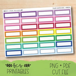 May include: A sheet of colorful square quarter box stickers with a rainbow theme. Each sticker has a white rectangular space for writing, framed by a different color: purple, pink, red, orange, yellow, green, blue. The sheet includes the text "fcs PRINTABLES" and "PNG * PDF CUT FILE".