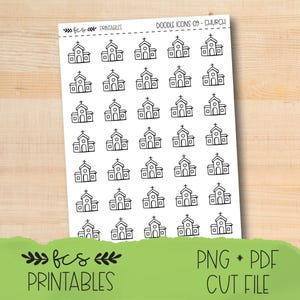 May include: A sheet of white stickers featuring doodle icons of churches. Each church icon is a simple line drawing with a cross on top. The sheet also includes the text "Doodle Icons 09 - Church" and "fcs Printables".