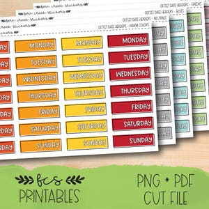 May include: Sheets of colorful planner stickers with days of the week and date headers. The stickers feature the days of the week in red, orange, and yellow. Additional sheets have gray, green, blue, and pink date headers. The bottom of the image reads "fcs PRINTABLES".