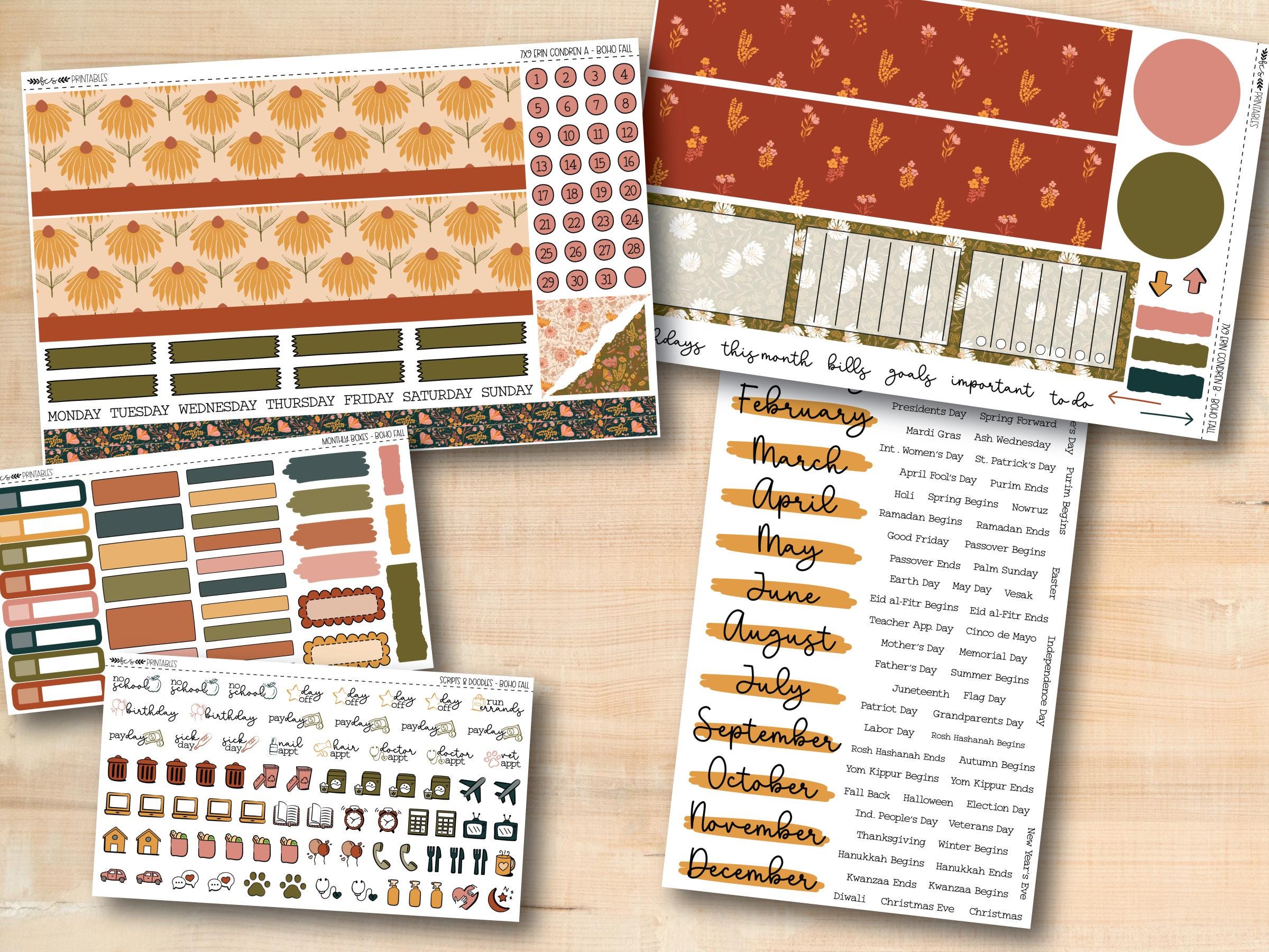 BOHO FALL Erin Condren 7x9 Printable Monthly Sticker Kit - Etsy