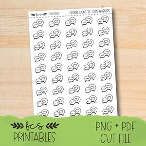 May include: A sheet of white paper with black doodle icons of chat bubbles with hearts. The words "Doodle Icons 37 - Chat Bubbles" are at the top. The bottom of the sheet has the words "fcs Printables" and "PNG * PDF CUT FILE".