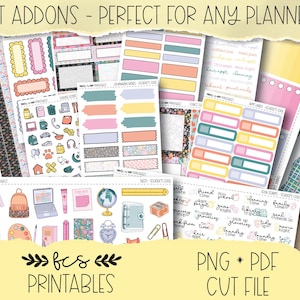 Könnte beinhalten: Eine Sammlung von Planer-Kit-Add-ons mit verschiedenen Designs und Farben. Das Bild zeigt Stickerbögen mit Etiketten, dekorativen Elementen und Symbolen. Der Text lautet "KIT ADDONS - PERFECT FOR ANY PLANNER" und "fcs PRINTABLES".