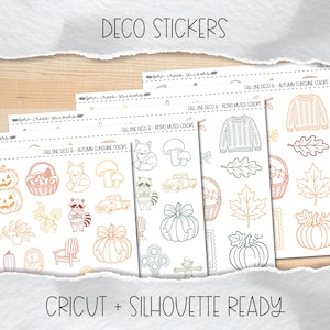 Może przedstawiać: Kilka arkuszy naklejek dekoracyjnych z napisami DECO STICKERS oraz CRICUT + SILHOUETTE READY. Arkusze zawierają rysunki liniowe o tematyce jesiennej, w tym dynie, lisy, szopy, swetry, grzyby, liście oraz latarnie.