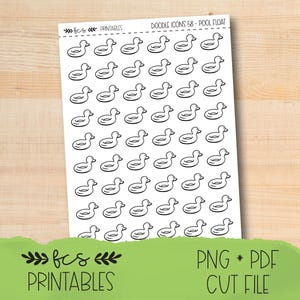 May include: A sheet of white stickers featuring black line drawings of duck-shaped pool floats. The text "Doodle Icons 58 - Pool Float" is at the top, and "fcs Printables" and "PNG * PDF CUT FILE" are at the bottom.