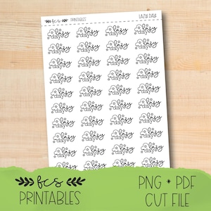 Printable LAZY DAY doodle script stickers in four colorways