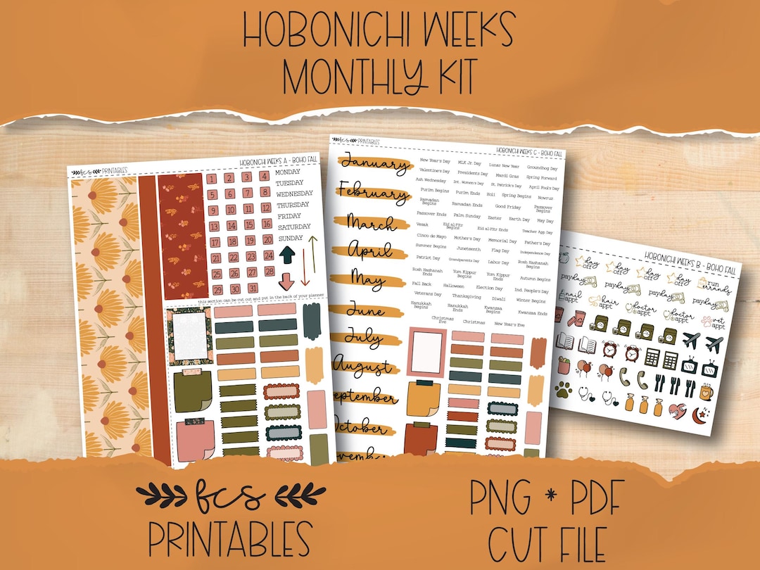 BOHO FALL Hobonichi Weeks Printable Monthly Sticker Kit - Etsy