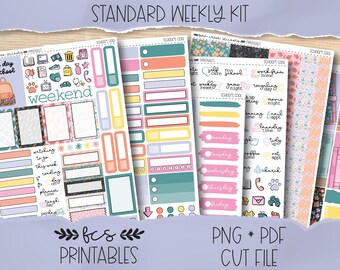 May include: A planner sticker kit labelled "Standard Weekly Kit" with a variety of colourful stickers. The stickers include labels, boxes, and icons for scheduling and decoration. The kit includes stickers with the text "weekend", "first day of school", and "printables".