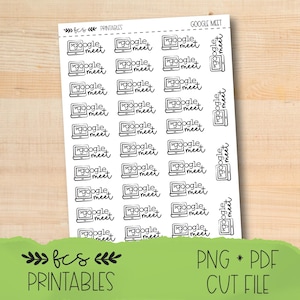 May include: A sheet of stickers featuring the words "Google Meet" with laptop and tablet illustrations. The stickers are black and white and are arranged in a grid pattern. The sheet also includes the text "fcs PRINTABLES" and "PNG * PDF CUT FILE".