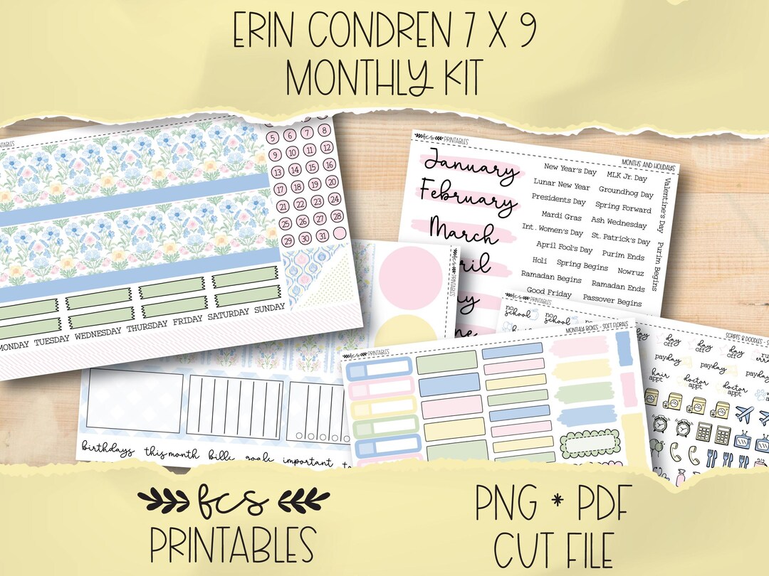 SOFT FLORALS Erin Condren 7x9 Printable Monthly Sticker Kit - Etsy