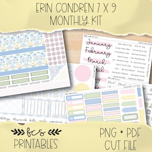 Puede incluir: Un conjunto de pegatinas para planificador con diseños florales y geométricos, y etiquetas para meses y festivos. Las pegatinas son en colores pastel, incluyendo azul, rosa y verde. El texto "ERIN CONDREN 7 X 9 MONTHLY KIT" está en la parte superior.