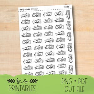 May include: A sheet of stickers with a light wood grain background. The stickers are white and feature a retro television with the words "TV time" in a handwritten font. The bottom of the sheet has the words "fcs printables" and "PNG * PDF CUT FILE".