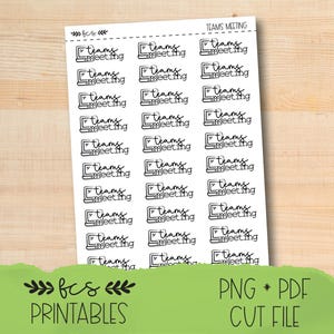 Könnte beinhalten: Ein Bogen mit Aufklebern mit den Worten "Teams Meeting" in einer handschriftlichen Schriftart, jeweils in einem Laptop-Symbol. Die Aufkleber sind schwarz und weiß. Die Wörter "fcs PRINTABLES" und "PNG * PDF CUT FILE" sind ebenfalls sichtbar.